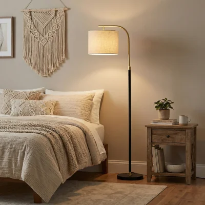 The Range Adjustable Arc Floor Lamp 150-175cm Fabric Shade Foot Switch Black - black