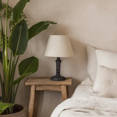 The Range Brantes Turned Wood Table Lamp Distressed with Natural Linen Shade - Black