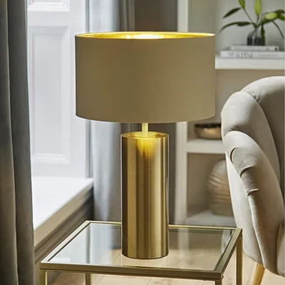 The Range Lexy Antique Brass Touch Table Lamp with Drum Shade and LED Bulb - Gold