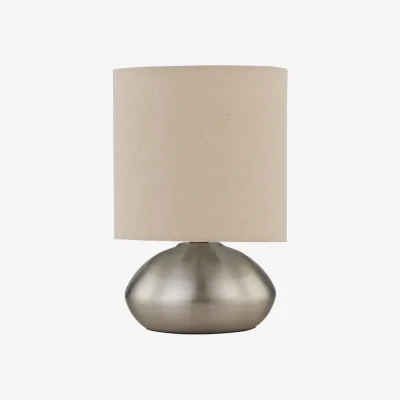 The Range Jenson Brushed Chrome Touch Table Lamp With Natural Linen Shade - Satin Nickel & Natural Linen