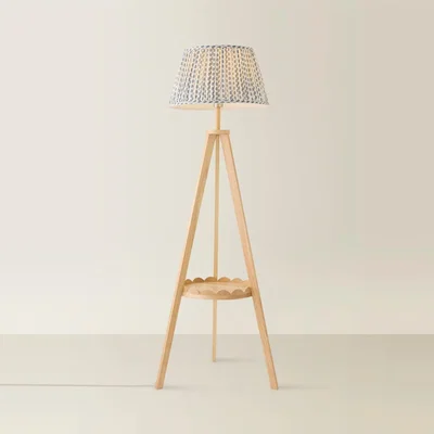 The Range Morrigan Mid Wood Scallop Shelf Tripod Floor Lamp - Grange Blue Shade - Blue