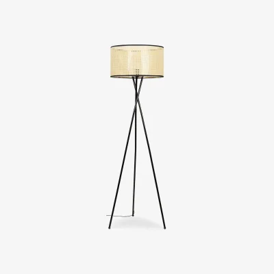 The Range Camden Tripod Floor Lamp with Natural Cane Drum Shade - Black