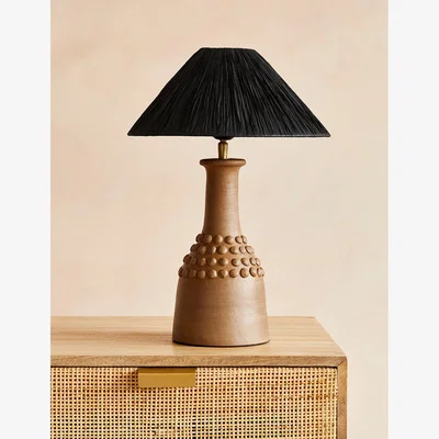 Rose & Grey Tan Bobbled Terracotta Table Lamp with Black Raffia Shade
