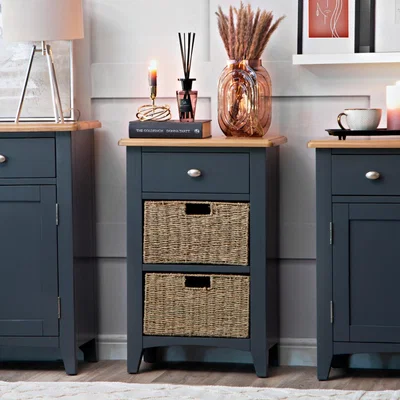 Chiltern Oak Furniture Gloucester Midnight Grey Painted 1 Drawer 2 Wicker Basket Cabinet