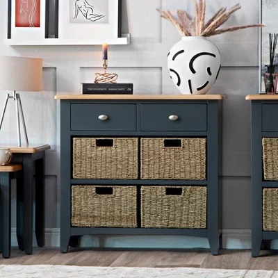 Chiltern Oak Furniture Gloucester Midnight Grey Painted 2 Drawer 4 Wicker Basket Cabinet