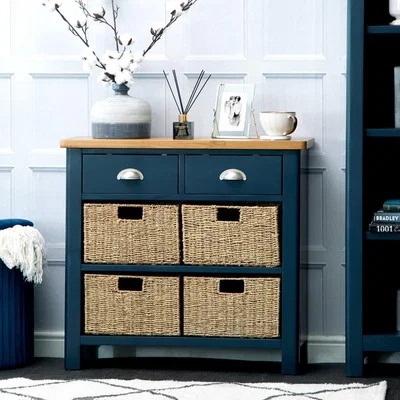 Chiltern Oak Furniture Rutland Blue Painted Oak 2 Drawer 4 Wicker Basket Cabinet