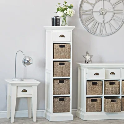 Chiltern Oak Furniture Monaco White Wicker 1 Drawer 4 Wicker Basket Unit