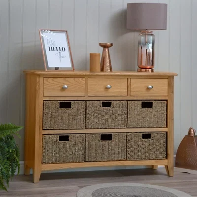 Chiltern Oak Furniture Gloucester Oak 3 Drawer 6 Wicker Basket Cabinet