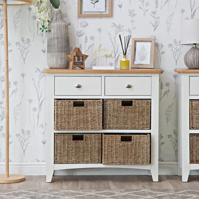 Chiltern Oak Furniture Gloucester White Painted 2 Drawer 4 Wicker Basket Cabinet