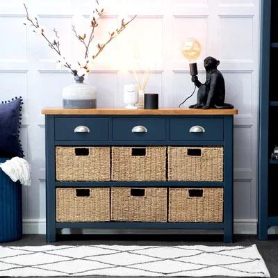 Chiltern Oak Furniture Rutland Blue Painted Oak 3 Drawer 6 Wicker Basket Cabinet