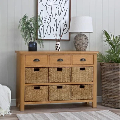 Chiltern Oak Furniture Rutland Oak 3 Drawer 6 Wicker Basket Cabinet