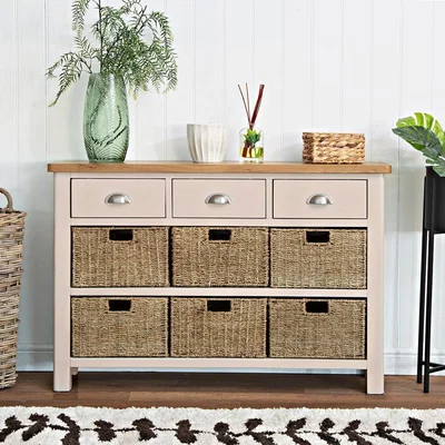 Chiltern Oak Furniture Rutland Painted Oak 3 Drawer 6 Wicker Basket Cabinet