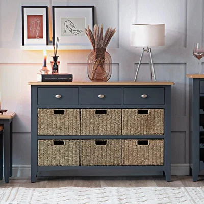 Chiltern Oak Furniture Gloucester Midnight Grey Painted 3 Drawer 6 Wicker Basket Cabinet