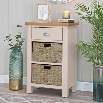 Chiltern Oak Furniture Rutland Painted Oak 1 Drawer 2 Wicker Basket Cabinet