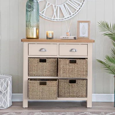 Chiltern Oak Furniture Rutland Painted Oak 2 Drawer 4 Wicker Basket Cabinet