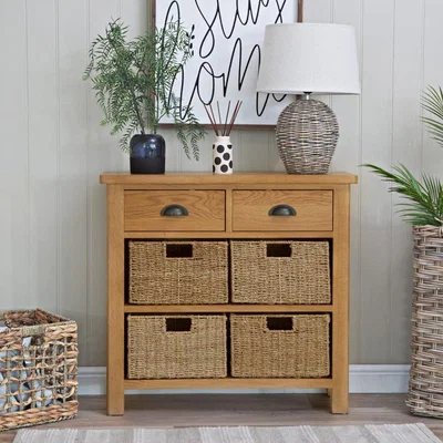 Chiltern Oak Furniture Rutland Oak 2 Drawer 4 Wicker Basket Cabinet