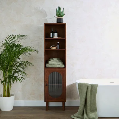 Dunelm Elias Tall Cabinet, Acaia Wood and Reeded Glass Brown