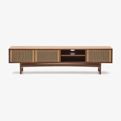 Kave Home Elan TV cabinet 3 doors veneer and solid walnut paper cord 200 x 50 cm FSC 100% FSC