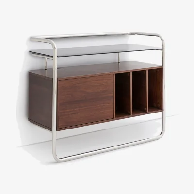 La Redoute Giorgio Chrome-Plated Steel and Walnut Veneered MDF Vinyl Record Unit with 1-Door Cupboard