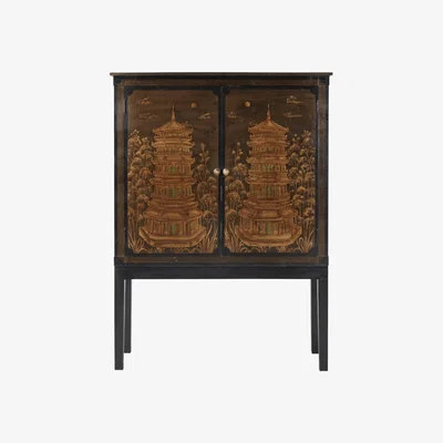 OKA OKA, Pagoda Chinoiserie TV Cabinet - Black/Antique Gold, Cabinets, Wood