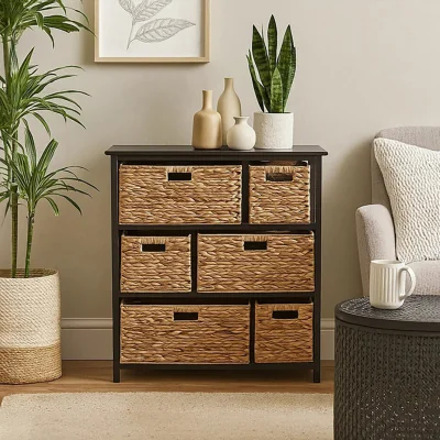 Pagazzi Padstow Black Wooden Storage Unit with 6 Water Hyacinth Drawers