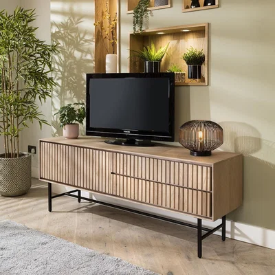 Quatropi Modern Wood TV Stand & Floating Unit Cabinet Grooved Natural Oak 165cm