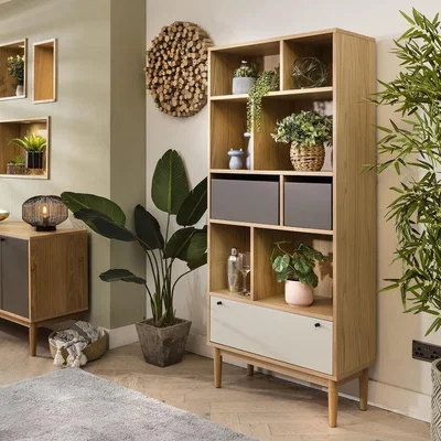 Quatropi Campton Modern Narrow Bookcase Shelving Unit Cabinet Oak Grey 80x180cm