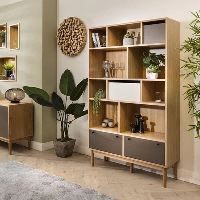 Quatropi Campton Modern Wide Bookcase Shelving Unit Cabinet Oak Grey 110x180cm