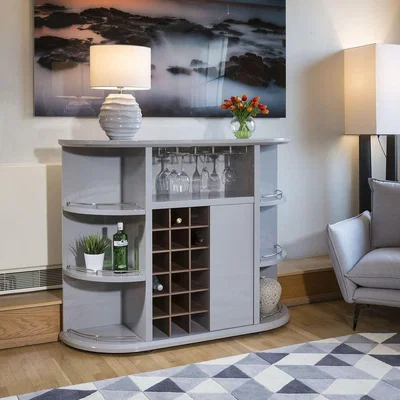 Quatropi Modern Bar Cabinet Wine Rack Glass Storage Grey Gloss and Walnut 242Y