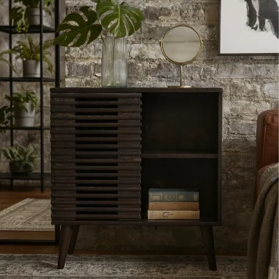 The Range Mimosa Mid Century Mango Wood Sliding Door Cabinet - Black