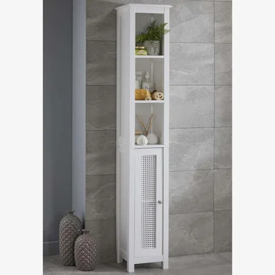 The Range Rattan Detail Tallboy Bathroom Storage Cabinet in White - White