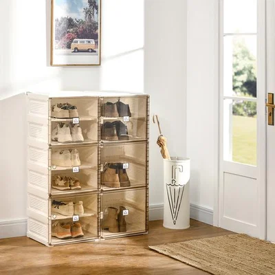 The Range Portable Shoe Cabinet, Folding Storage Organizer with Ten Compartments - White, Brown