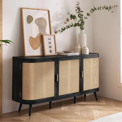The Range 3 Door Rattan Sideboard Curved Black Cupboard Birlea Sark Cabinet - Black