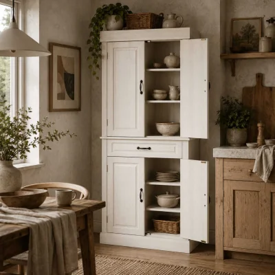 The Range Tokeri Cream White Tall Kitchen Pantry Cabinet 4 Doors and Shelves
