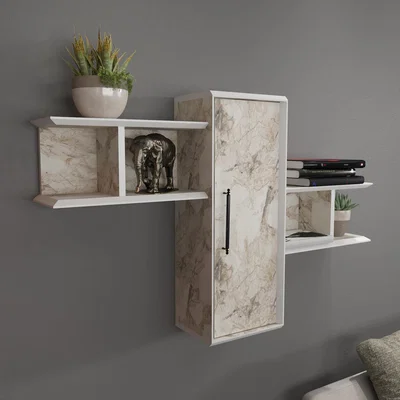 The Range Olida Functional Modern Wall Shelf with a Cabinet - White Marble Effect