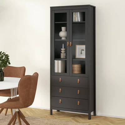 The Range Barcelona China Cabinet 2 Glass Doors with 3 Drawers in Cashmere - Matt Black