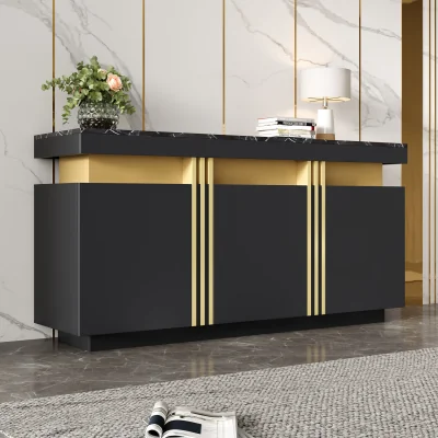 The Range Buffet Cabinet with Faux Marble Top, 3 Doors and Adjustable Shelves, Modern Black & Gold - Black