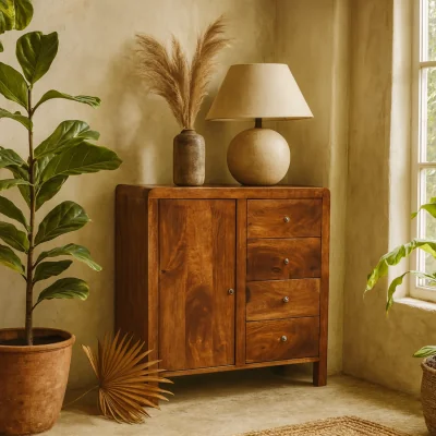 The Range Tropea Mango Wood Cabinet 4 Drawers and 1 Door Solid Chestnut Finish - Brown