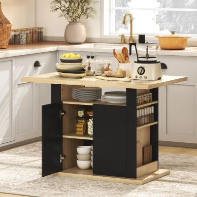 The Range HOMCOM Kitchen Island with Storage Cabinet and Spice Rack - Black and Natural Wood
