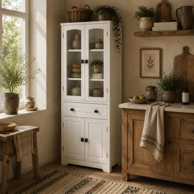The Range Cotase 160cm White Tall Kitchen Cupboard with Adjustable Shelves, Drawer and Glass Door