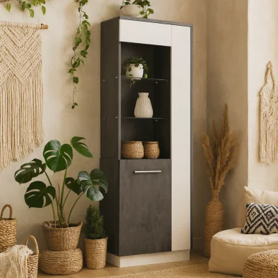 The Range Nantes Grey and White Tall Glazed Cabinet, Left-Hand Soft-Close Door with LED Lighting - White