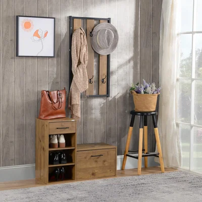 The Range Coat Rack with Shoe Bench Set, Storage Drawer and Cabinet - Rustic Brown