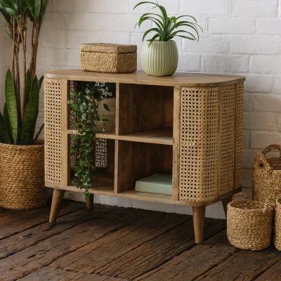 The Range Molveno Open Double Cabinet in Mango Wood with Natural Rattan Accents - Brown