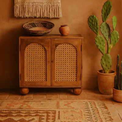 The Range Puna 2 Door Rattan Cabinet Solid Mango Wood Brass Knobs Ball Feet - Brown