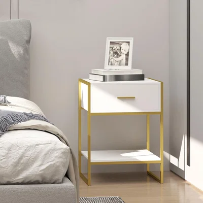 The Range Modern Bedside Table, Bedroom Cabinet with Drawer Shelf - White, Gold