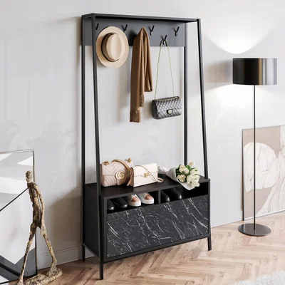 The Range Devin 180cm Coat Rack Hall Tree with Cabinet and Shelves - Black Marble Effect
