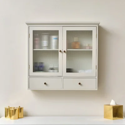 The Range Pale Grey-Taupe Reeded Glass Wall Cabinet With Drawers