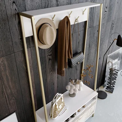 The Range Devin 180cm Coat Rack Hall Tree with Cabinet and Shelves - White Marble Effect and Gold Colour