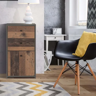 The Range Best Chest Storage Cabinet 2 Drawers 1 Door in Concrete Optic Dark Grey/Old - Wood Vintage - Dark Grey & Old Wood Vintage