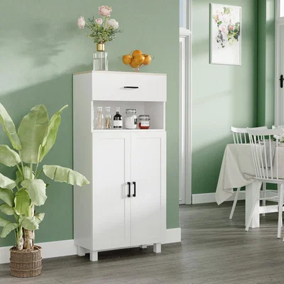The Range Nordic Kitchen Storage Cabinet with Drawer, Open Counter - White, Natural Wood Effect